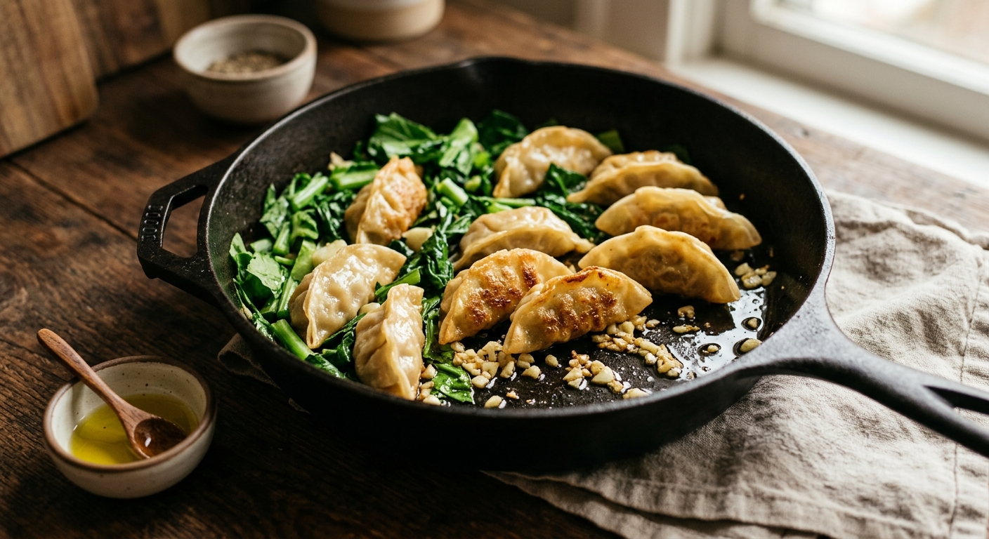 One-Pan Dumplings With Greens